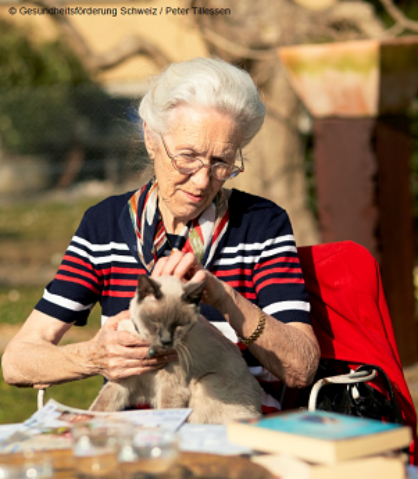 Eine ältere Frau mit Katze auf der Schoss
